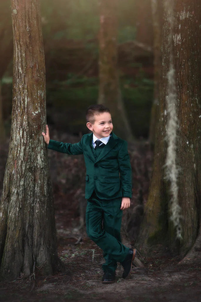 Boy Dark Green Velvet Three Piece Suit For Parties Wear Wedding Wear Family Photos Festive Or Birthday Celebrations Special