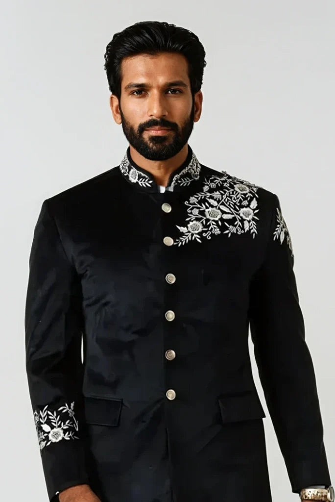 Mens Black Velvet Designer Embroidery Jodhpuri Bandhgala Suit Wedding Party Reception & Events Festive Wear