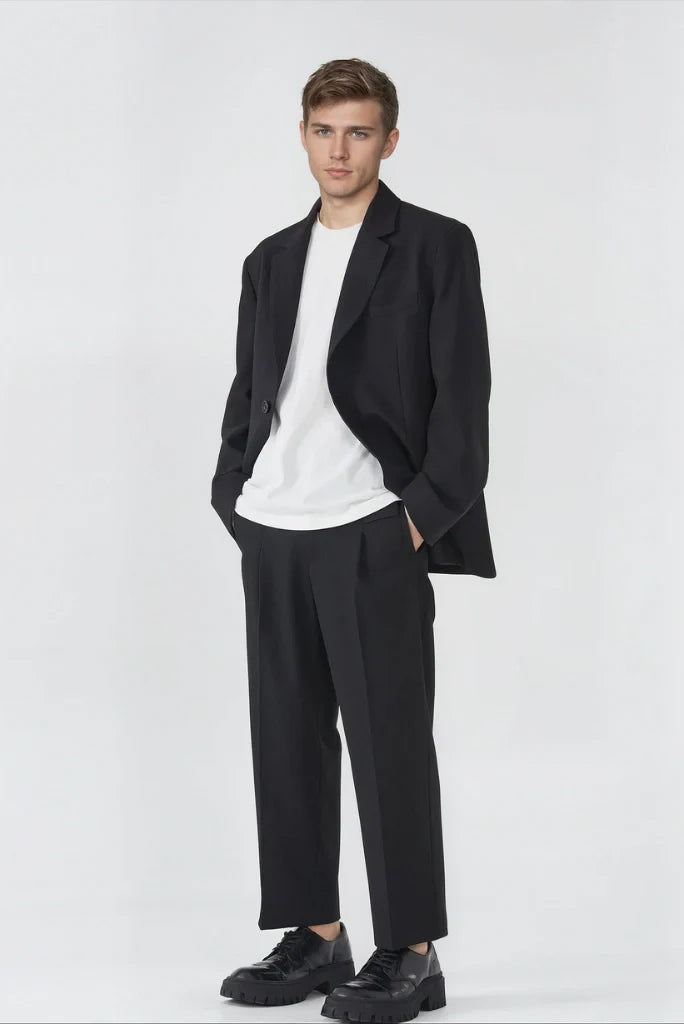 Men Black Loose Fit Casual 2 Piece Suit Relaxed Fit Semi Formal Events Suit Casual Business Attire