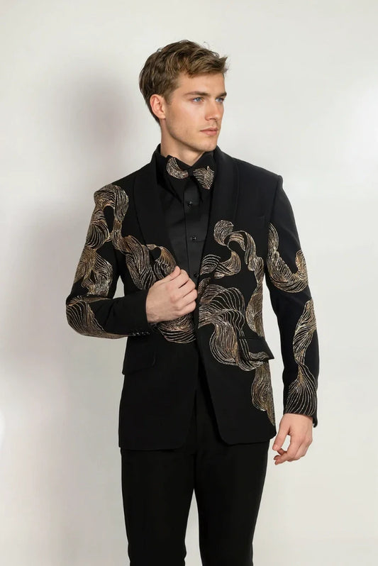 Men Black Tuxedo Gold Cord Work Embroidery Suit Elegant Two Piece Suit Groom Wedding Suit Reception Suit Dinner Party Wear Suit