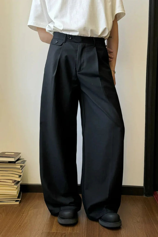 Men Black Wide Leg Pleated Pant Elegant High-Waisted Trousers & Relaxed Fit Pants
