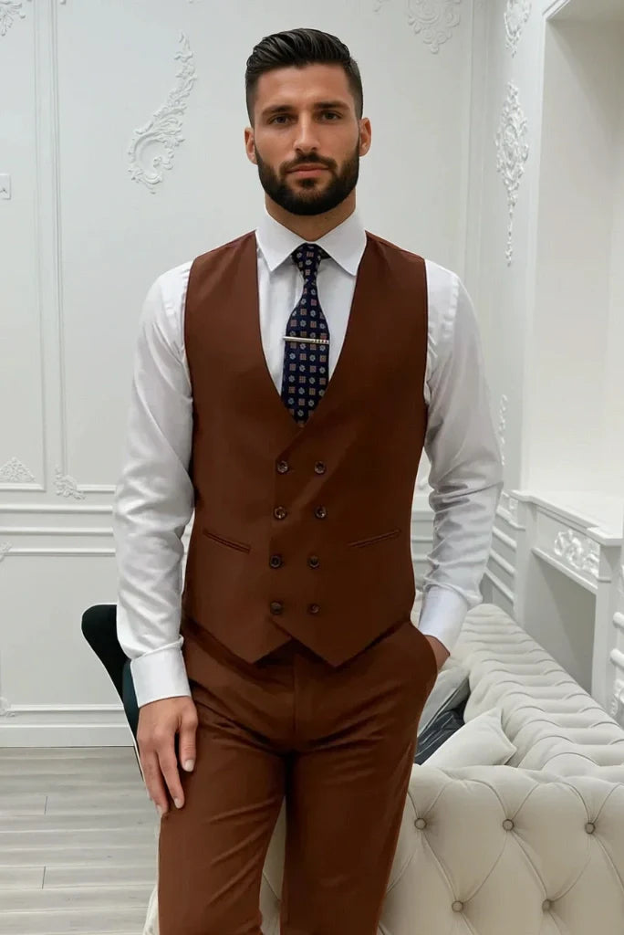 Men Tailored Waistcoat And Pant Suit Formal Wedding Waistcoat Trouser Set & Groomsmen Brown Vestcoat Suit