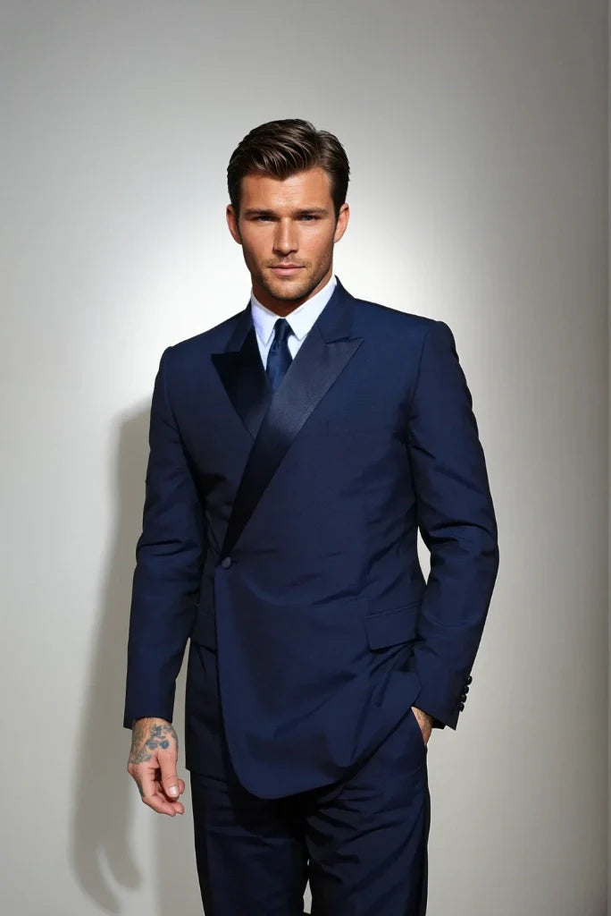 Men Double Breasted Tuxedo Navy Blue Blazer Stylish Evening Dinner parties Jacket Perfect For Valentine Day Gift For Him