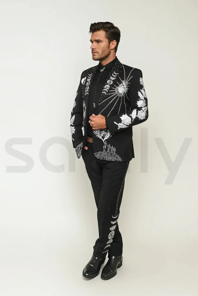 Men Celestial Root Western Suit Stylish Mother Inspired Embroidery Custom Two Piece Black Suits & Wedding Wear Suit
