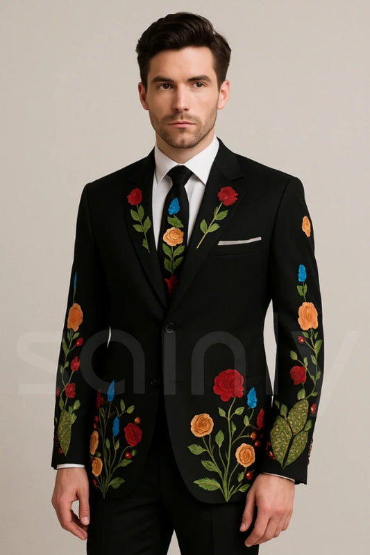 Men Floral Embroidery Black Blazer And Cocktail Country Western Jacket Designer Wedding Western Blazer