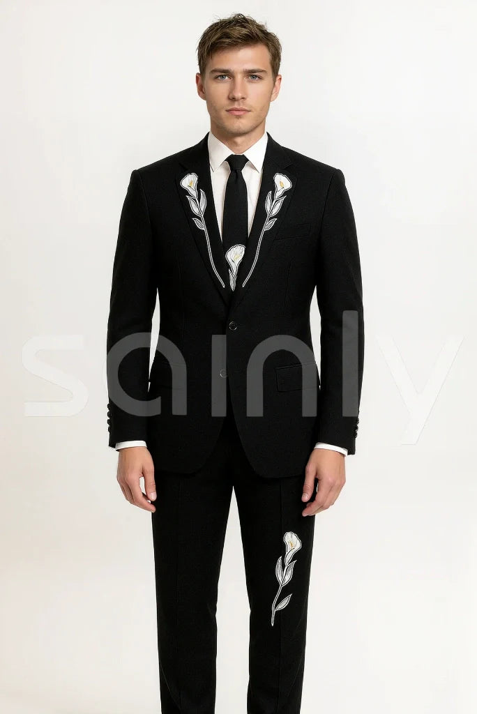 Men Customized Black Western Wear Two Piece Floral Embroidery Suits Groom Suit Wedding Cocktail Prom Party Attire