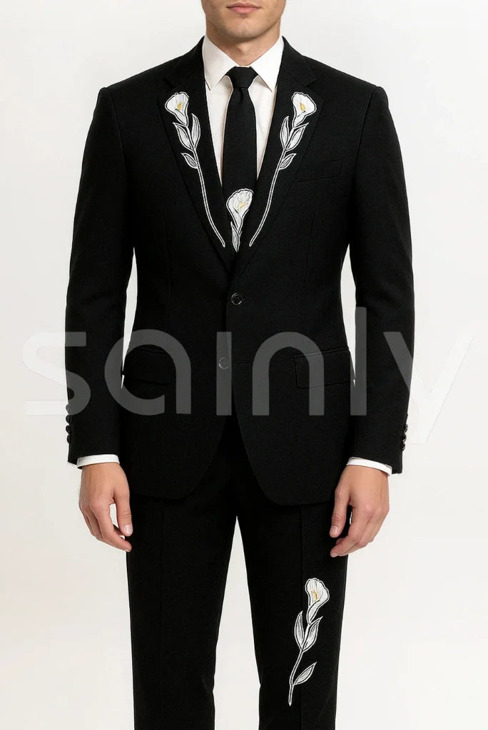 Men Customized Black Western Wear Two Piece Floral Embroidery Suits Groom Suit Wedding Cocktail Prom Party Attire