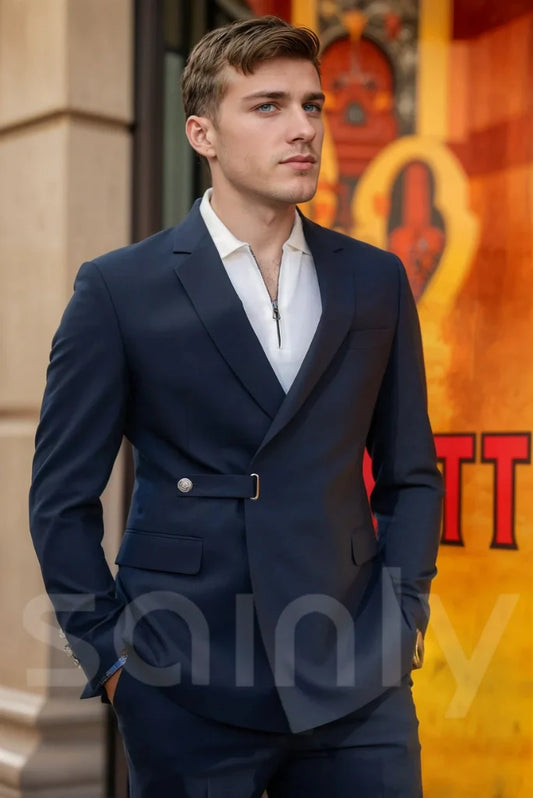 Men Modern Asymmetric Belted Suit Tailored Navy Blue Two Piece Suit Designer Suit Custom Suit For Parties Cocktail Events Suit