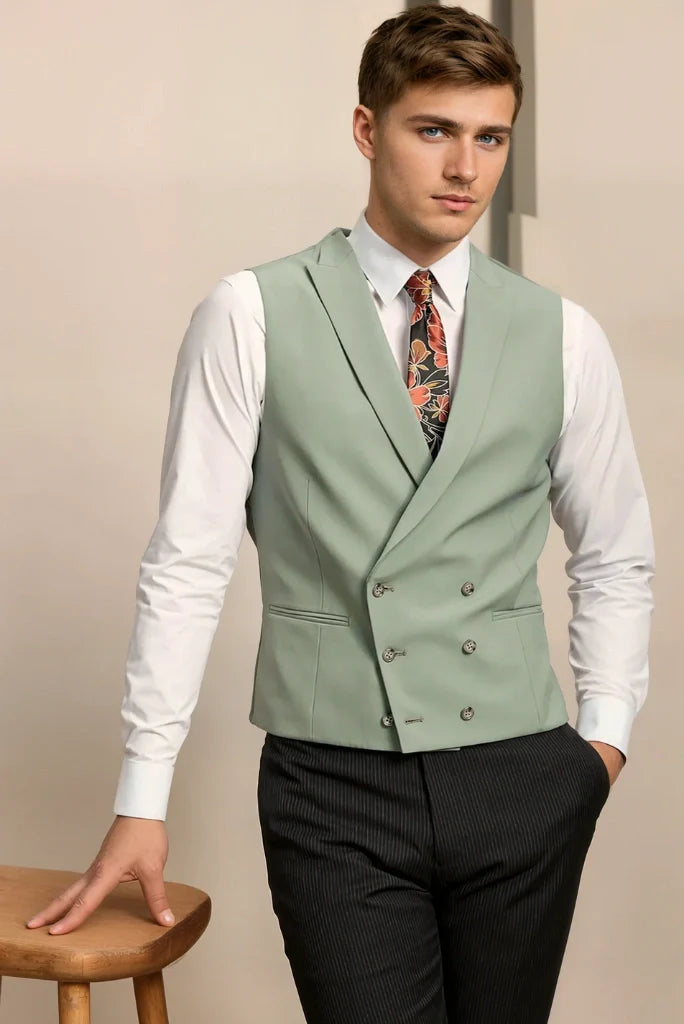 Men Sage Green Double Breasted Waistcoat Formal Wedding Waistcoat & Stylish Party Wear Waistcoat