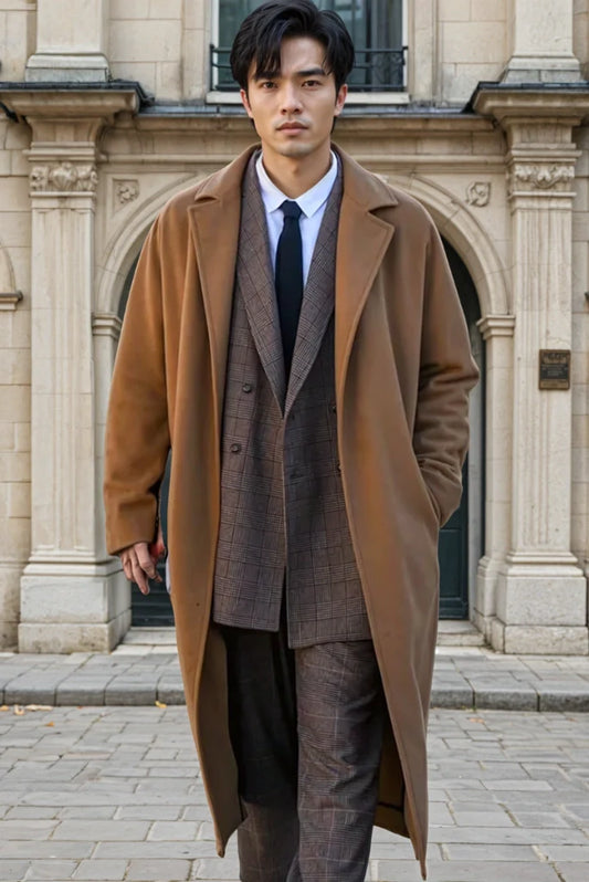Men Tweed Light Coffee Brown Winter Long Coat Stylish Trench Coat Business Professional Over Coat & A Perfect Gift For Man