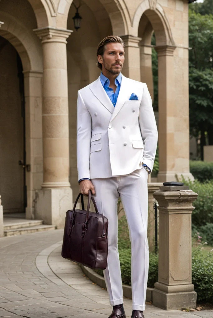 Men White Double Breasted Two Piece Suits Formal Wedding Business Dinner Party Wear Suits Special Gift For Him