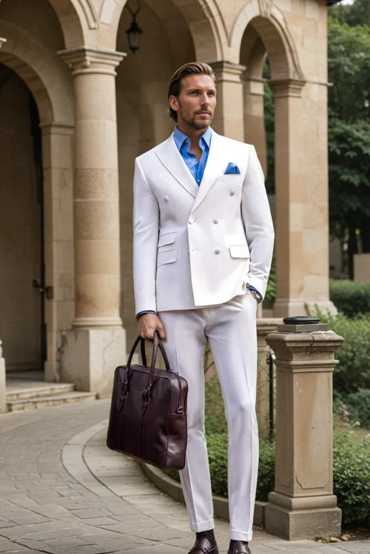 Men White Double Breasted Two Piece Suits Formal Wedding Business Dinner Party Wear Suits Special Gift For Him