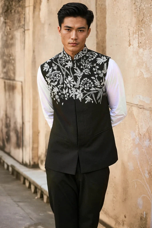 Men White Embroidery Western Suit Stylish Sleeveless Jacket With Pant Set Wedding & Festive Designer Black Suit