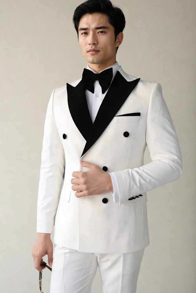 Men's White Double Breasted Tuxedo Designer Slim Fit Two Piece Suits For Engagement Prom Suit Groom Wedding Party Wear Suits & Every Occasion Wear