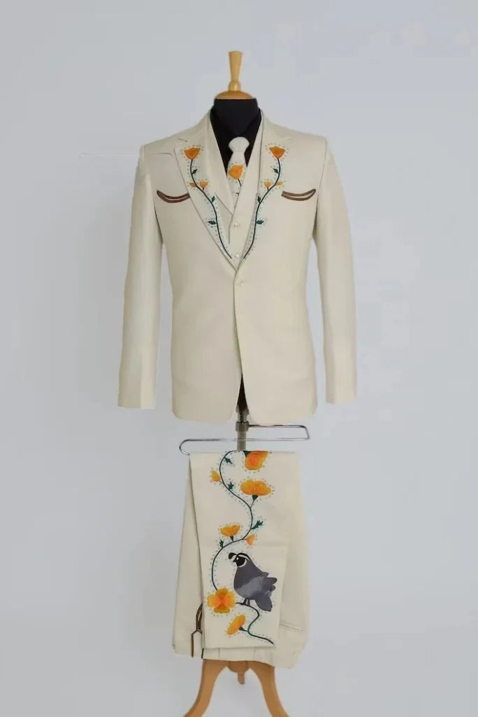 Men's Cream Embroidered Three Piece Wedding Classic Designer Wear For Him