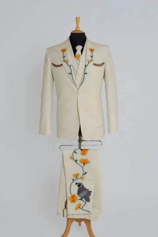 Men's Cream Embroidered Three Piece Wedding Classic Designer Wear For Him