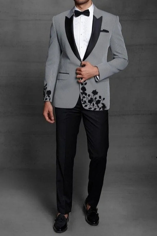 Grey Two Piece Suit With Black Pant Embroidered Blazer Wedding Wear Two Piece For Him