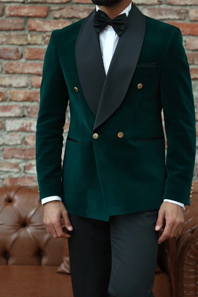 Men's Green Velvet Double Breasted Tuxedo Suit Elegant & Classic Wedding Wear Dinner Party Suits