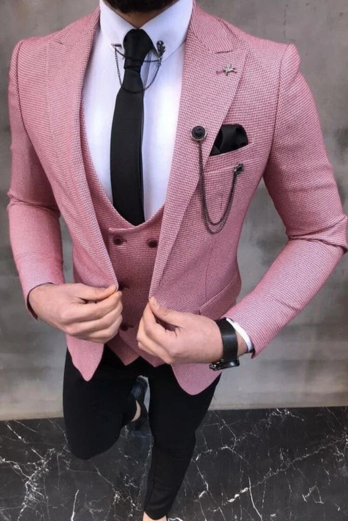 Men Three Piece Suit Pink With Black Wedding Slim Fit Suit Party Wear Suits Bespoke For men