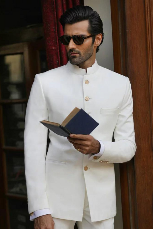 Men White Jodhpuri Bandhgala Indian Suit Two Piece Wedding Suit Royal Premium Suit For Him