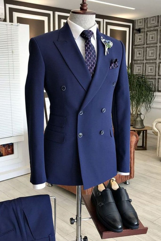 Men's Double Breasted Navy Blue Suit Slim Fit Suit 2 Piece Suit Formal Prom Wear Dinner Party Wear For Him