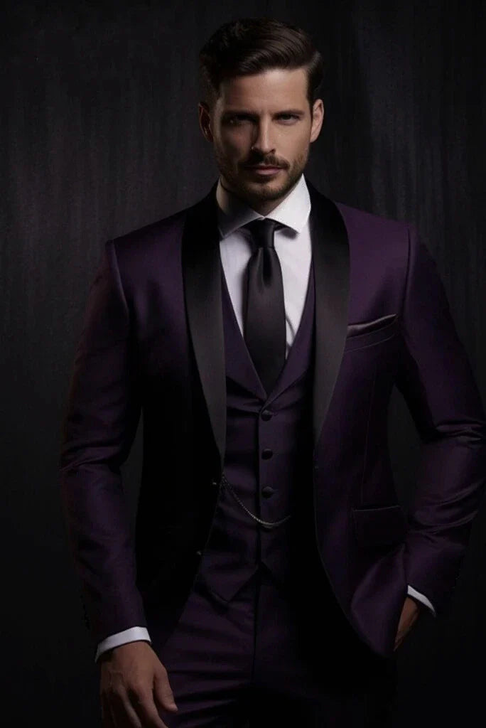 Man Tuxedo 3 Piece Suit Wedding Dark Purple Dinner Suit Formal Dinner Suits Stylish Groom Wear For Him
