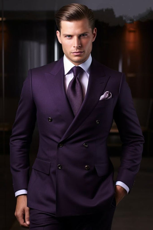 Men double breasted dark purple wedding suit