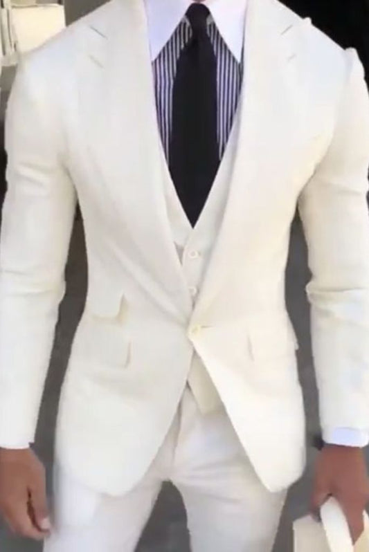 Men Three Piece Suit Off White Wedding Elegant Dinner Suits Groom Wear Bespoke One Button Suit For Him