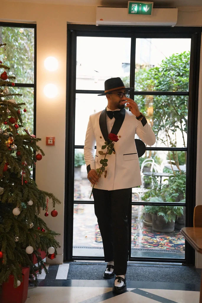 Men's White Double Breasted Tuxedo Two Piece Suit For Wedding Engagement Groom Prom Dinner Party Wear