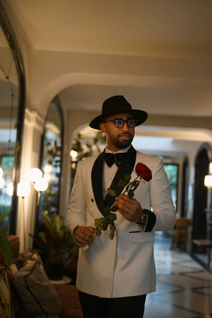 Men's White Double Breasted Tuxedo Two Piece Suit For Wedding Engagement Groom Prom Dinner Party Wear