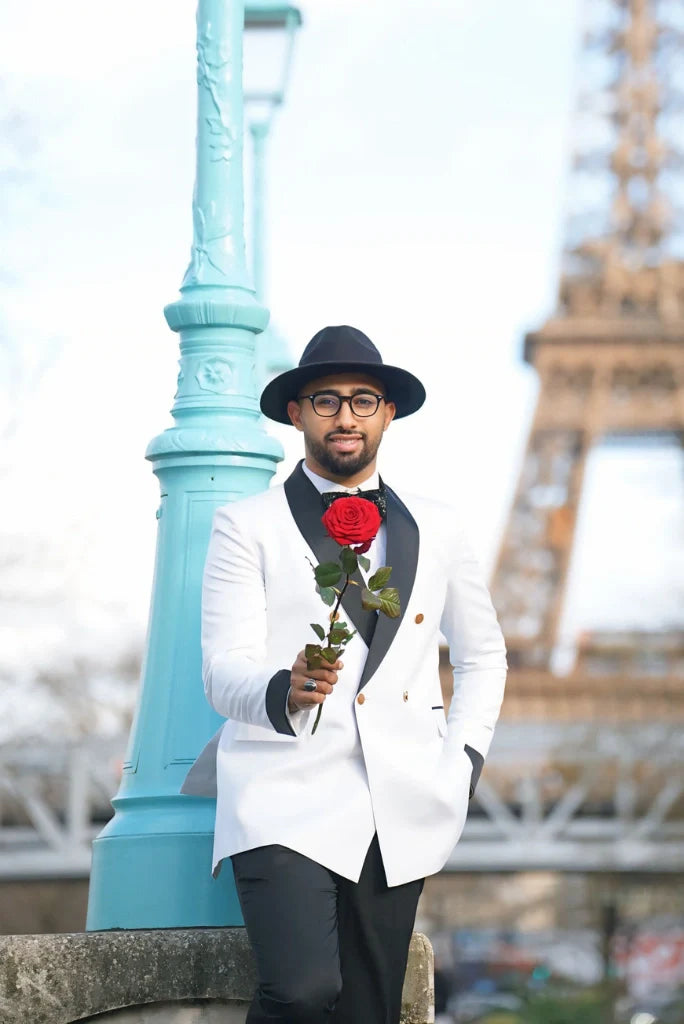 Men's White Double Breasted Tuxedo Two Piece Suit For Wedding Engagement Groom Prom Dinner Party Wear