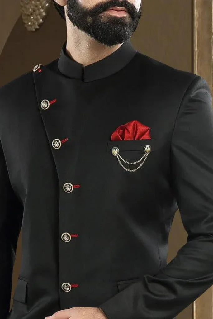 Men's Black Buttoned Design Jodhpuri Suit with Red Accents
