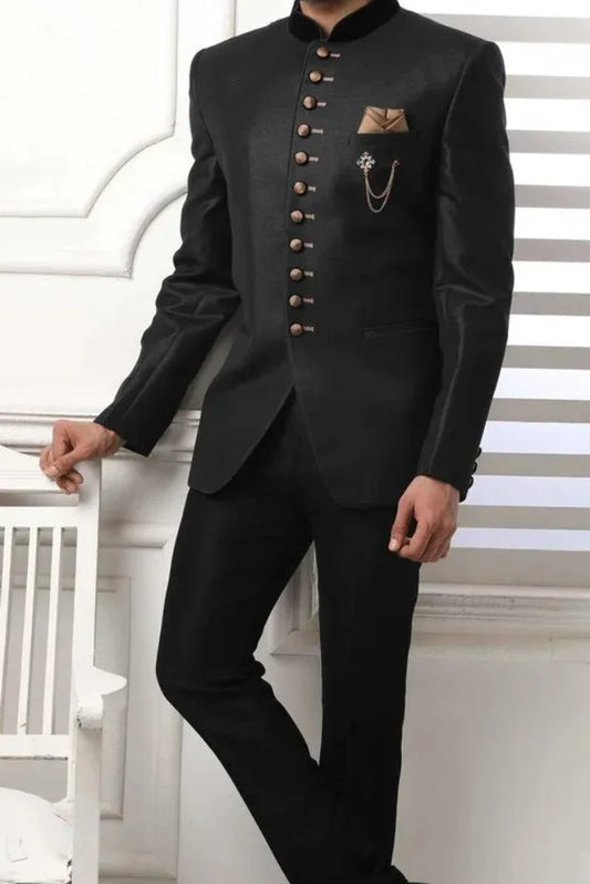 Men's Black Bandhgala Jodhpuri Designer Suit, Buttoned Designed Jodhpuri Suit