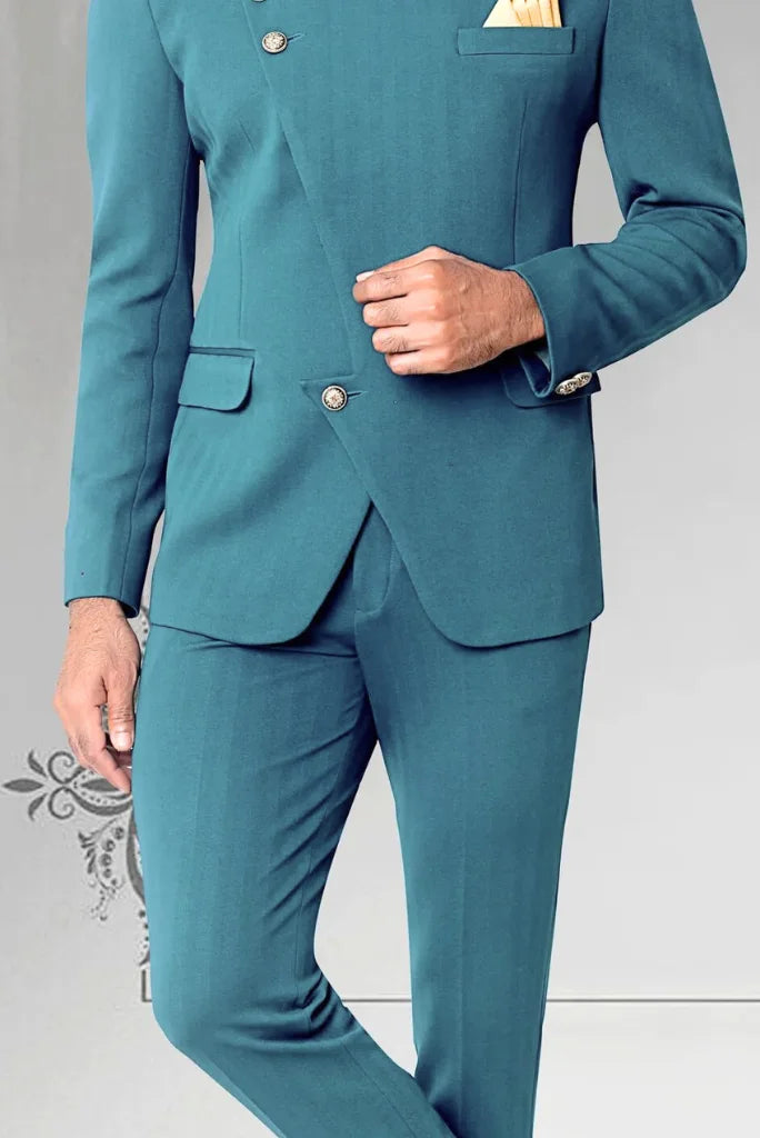 Men's Designer Teal Blue Jodhpuri Suit, Exclusive Suit for Special Occasion