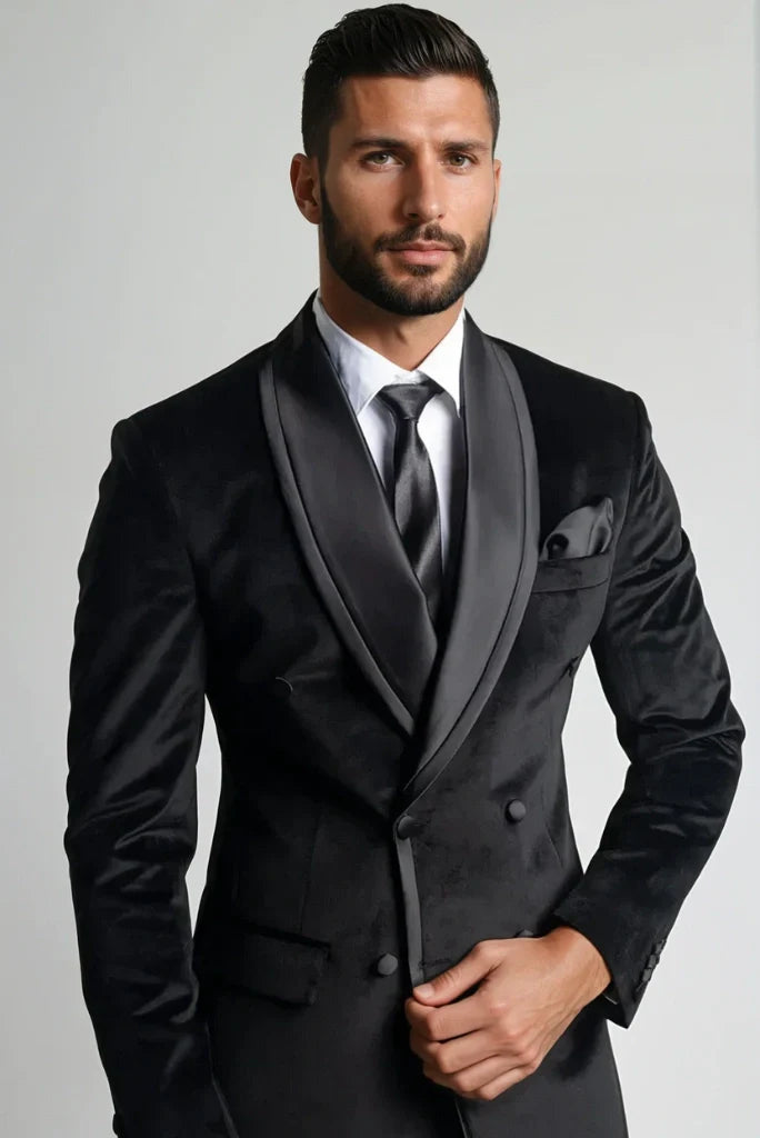Men's Double Breasted Tuxedo Velvet Blazer Stylish Groom Wedding Coat & Velvet Black Dinner Party Coat