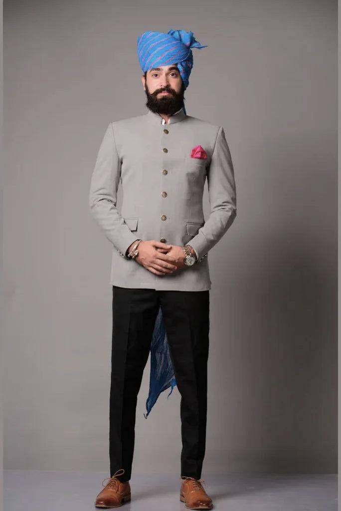 Men's Grey Bandhgala Jodhpuri Designer Suit, Grey Jodhpuri Blazer with Black Trouser