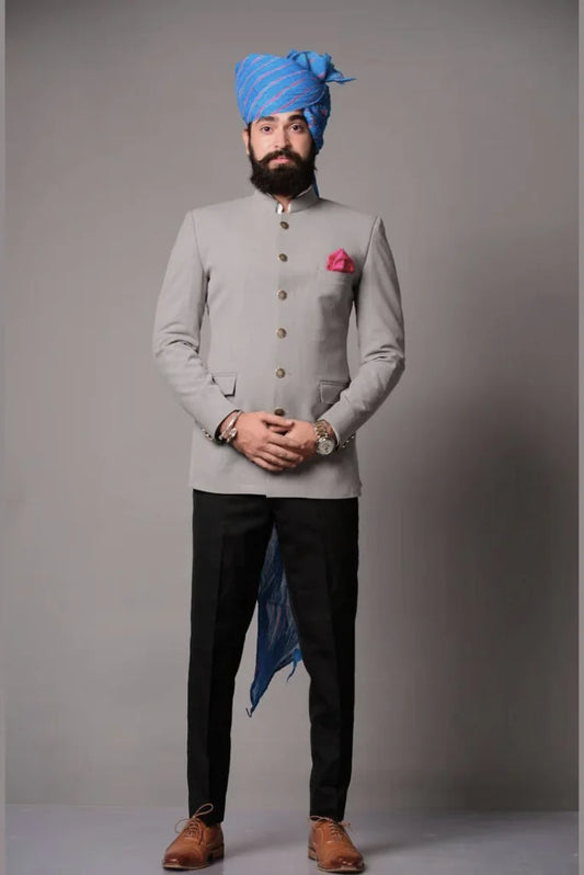 Men's Grey Bandhgala Jodhpuri Designer Suit, Grey Jodhpuri Blazer with Black Trouser