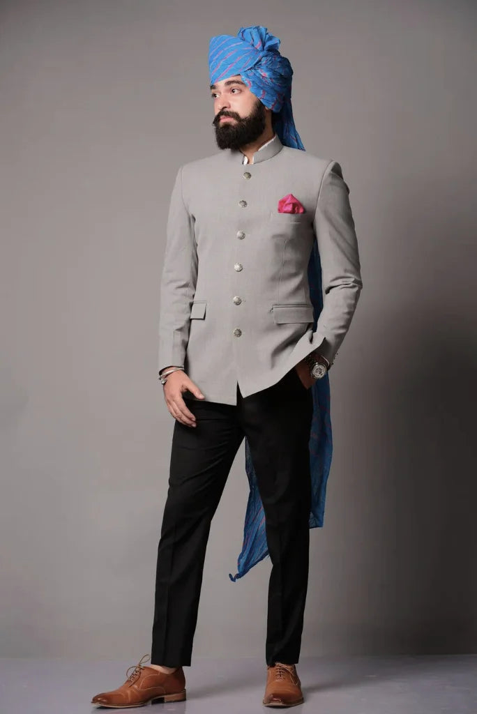 Men's Grey Bandhgala Jodhpuri Designer Suit, Grey Jodhpuri Blazer with Black Trouser