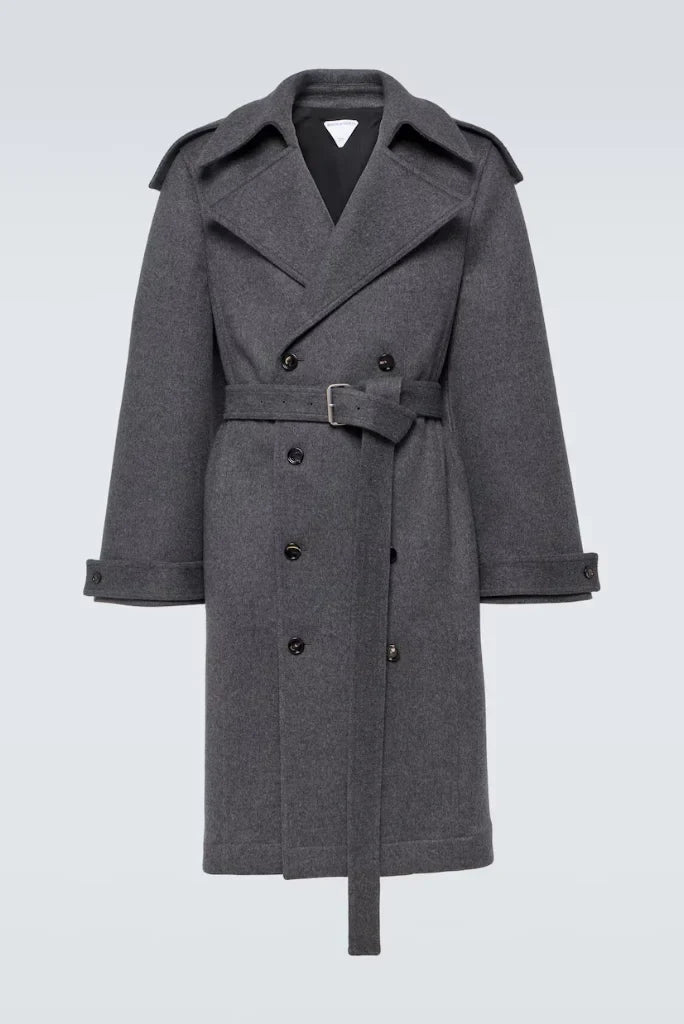 Men's Grey Double Breasted Trench Coat, Belted Trench Coat for Winters
