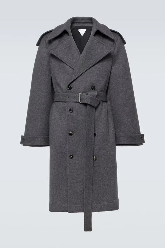 Men's Grey Double Breasted Trench Coat, Belted Trench Coat for Winters