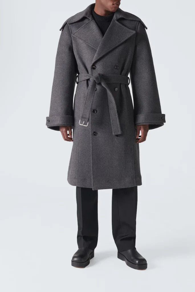 Men's Grey Double Breasted Trench Coat, Belted Trench Coat for Winters