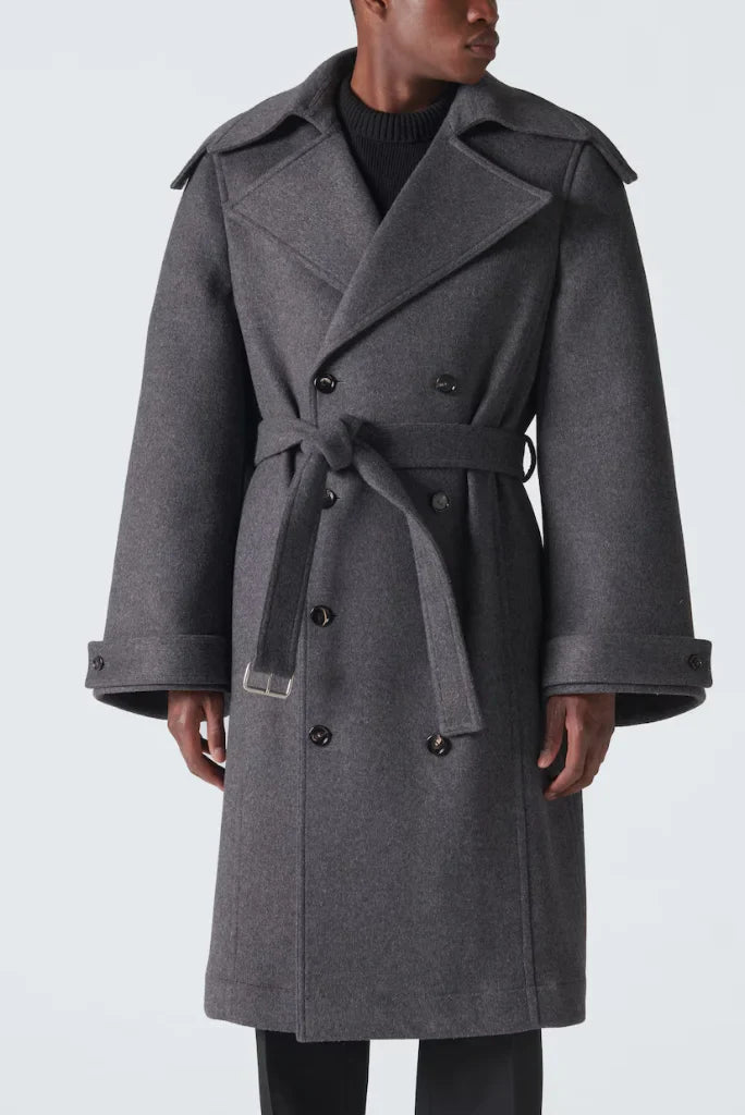 Men's Grey Double Breasted Trench Coat, Belted Trench Coat for Winters