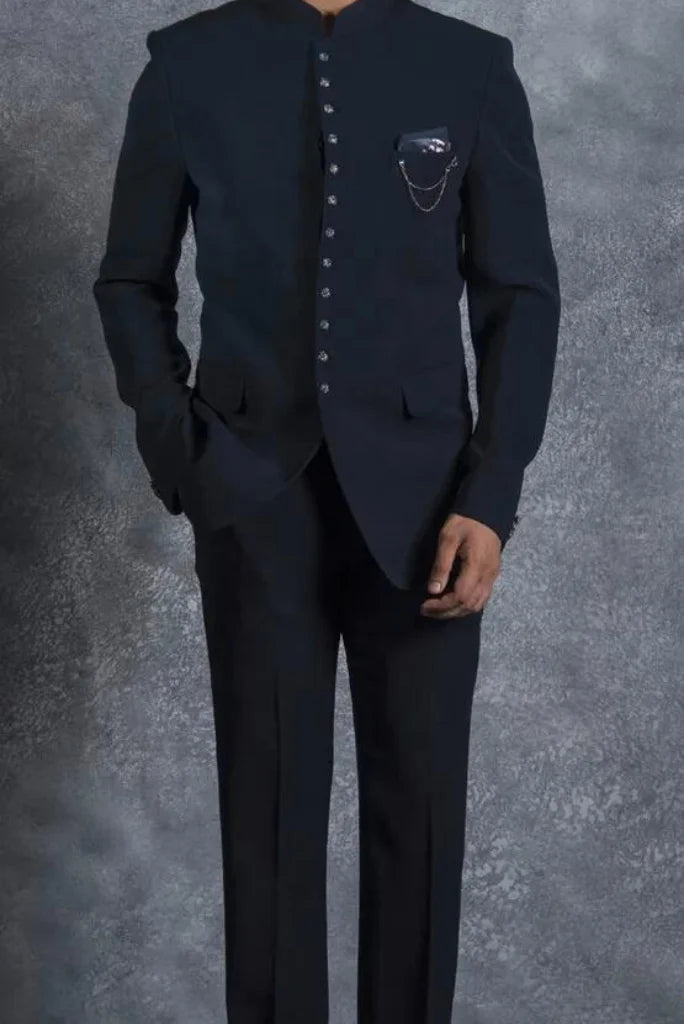 Men's Navy Blue Front Buttoned Jodhpuri Suit, Maharajas Style Jodhpuri Suit