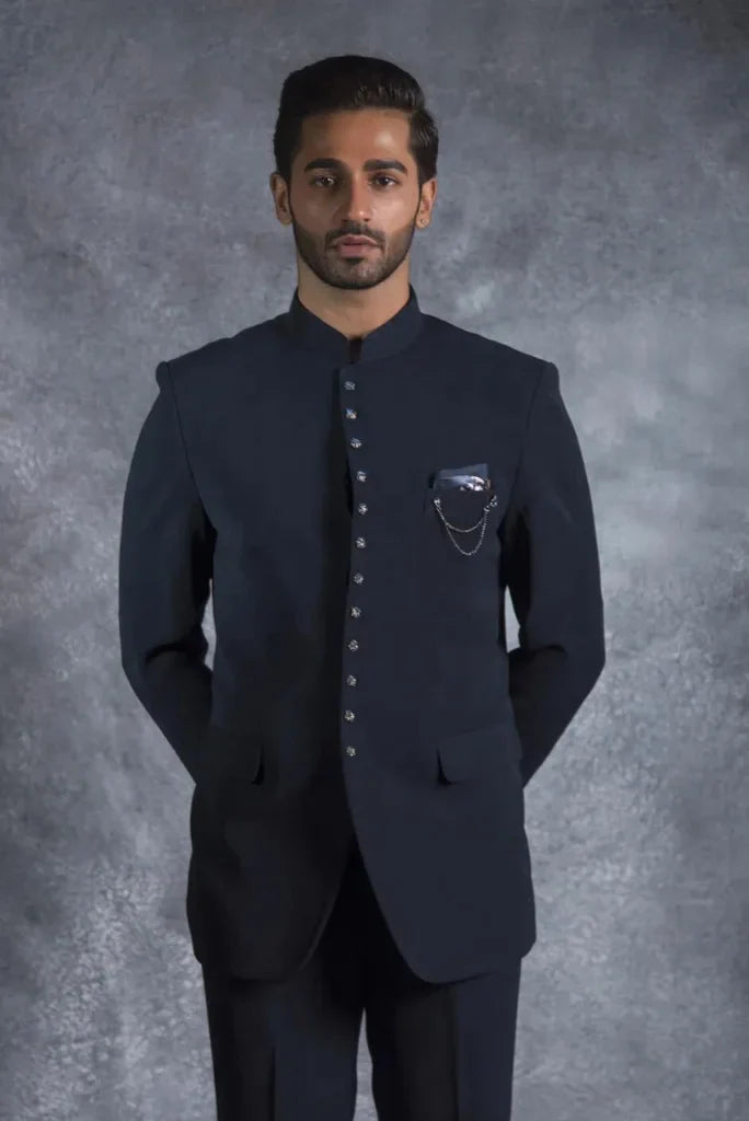 Men's Navy Blue Front Buttoned Jodhpuri Suit, Maharajas Style Jodhpuri Suit