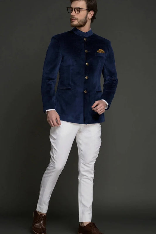 Men's Navy Blue Velvet Bandhgala Jodhpuri Suit, Exclusive Suit for Wedding