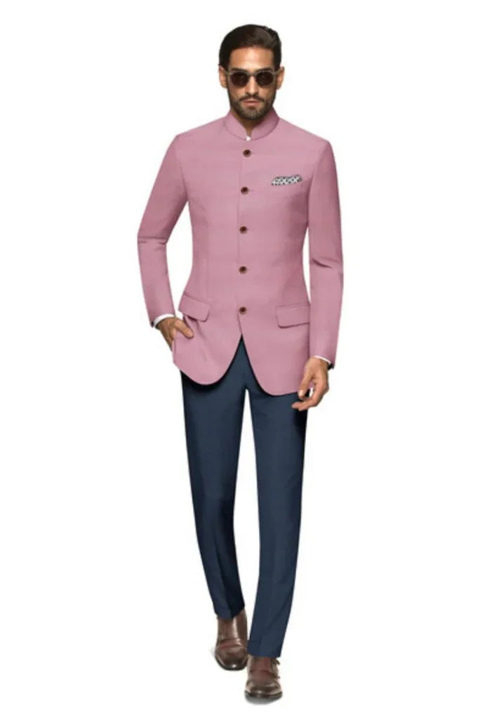 Men's Pink Bandhgala Jodhpuri Designer Suit, Pink Jodhpuri Blazer with Blue Pant