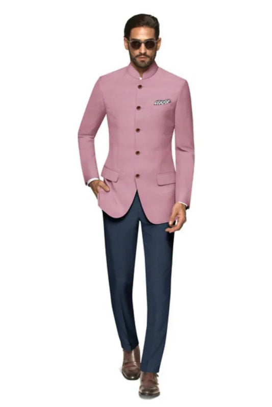Men's Pink Bandhgala Jodhpuri Designer Suit, Pink Jodhpuri Blazer with Blue Pant