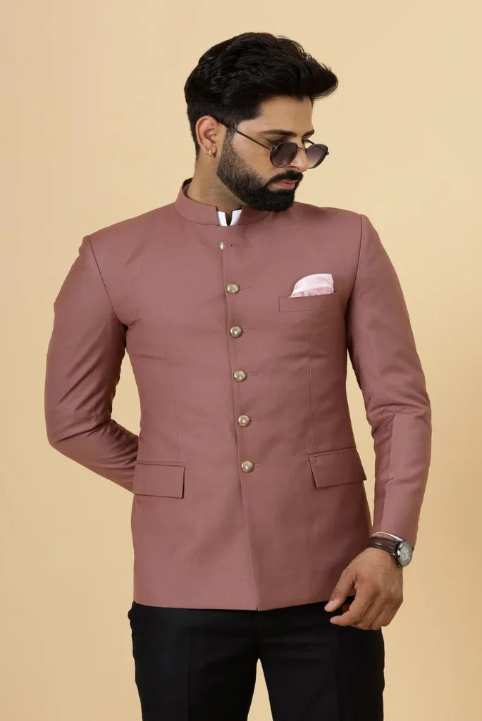 Men's Rose Pink Bandhgala Jodhpuri Suit, Perfect for Functional Wear and Festivals