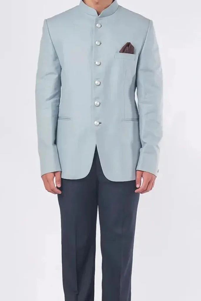 Men's Sky Blue Jodhpuri Blazer and Navy Blue Pant, Traditional Wear for Festivals and Weddings