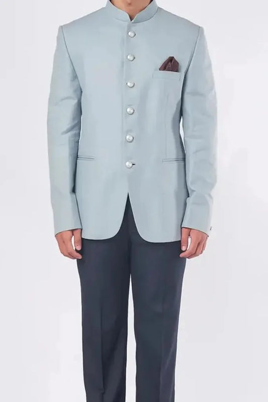 Men's Sky Blue Jodhpuri Blazer and Navy Blue Pant, Traditional Wear for Festivals and Weddings